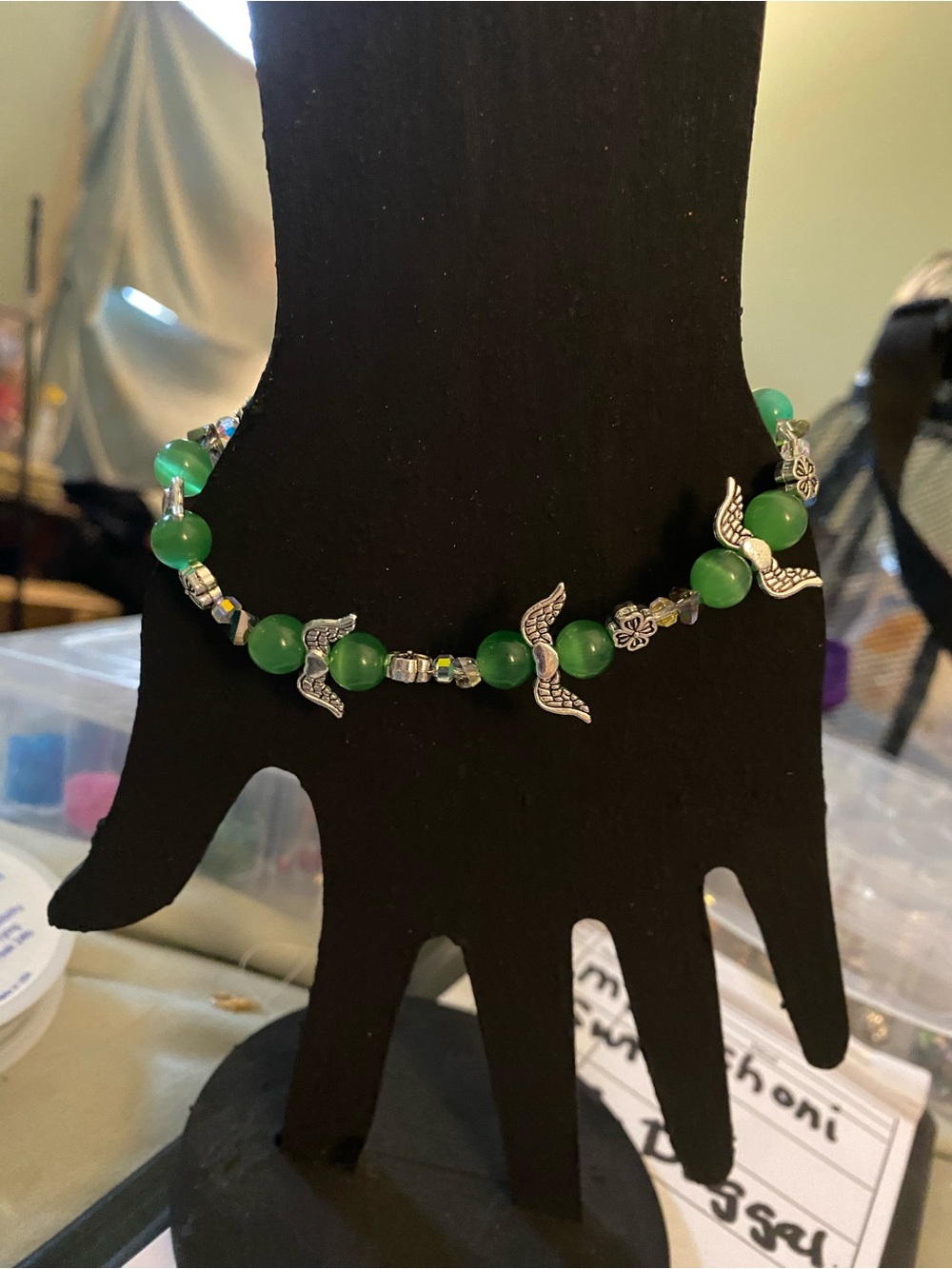 Green Beaded Bracelet with Angel Wing Charms - Women Jewelry
